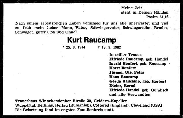 Raucamp Kurt 1914-1982 Todesanzeige